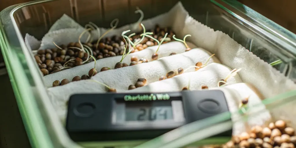 Germination de graines de cannabis sur papier humide avec contrôle précis de l’humidité et de la température.