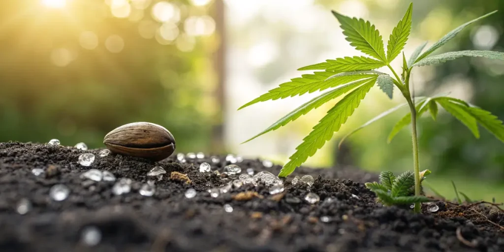 Graine de cannabis et jeune plantule en germination sur un sol humide.