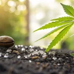 Graine de cannabis et jeune plantule en germination sur un sol humide.