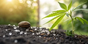 Graine de cannabis et jeune plantule en germination sur un sol humide.