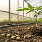 Graines de cannabis sur un sol fertile avec jeune plant en serre.