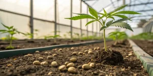 Graines de cannabis sur un sol fertile avec jeune plant en serre.
