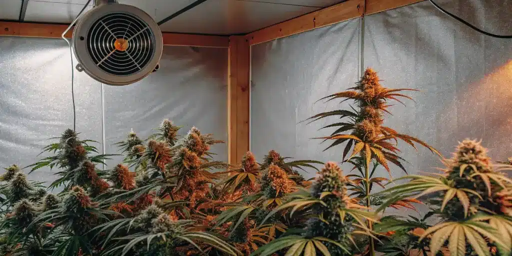 Gros plan sur une fleur de cannabis aux pistils orange et nuances violettes riches en trichomes