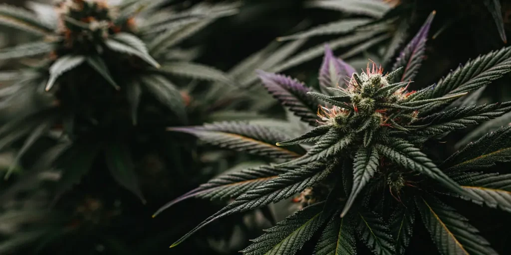 Gros plan sur une tête de cannabis aux feuilles vert foncé et violettes en floraison
