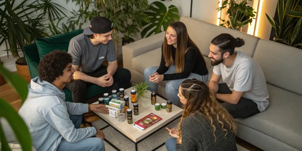Groupe de jeunes adultes discutant autour de produits derives du cannabis.