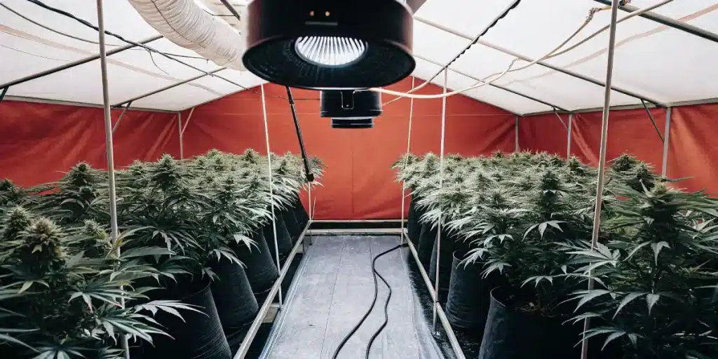 culture de cannabis en intérieur dans une tente professionnelle avec plantes en pots alignées et éclairage horticole