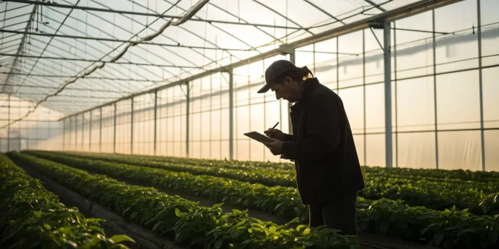 Agriculteur inspectant une culture dans une serre et prenant des notes.