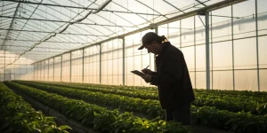 Agriculteur inspectant une culture dans une serre et prenant des notes.