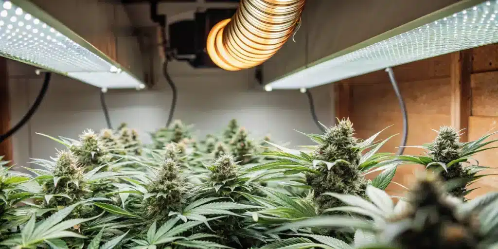 Installation de culture de cannabis en intérieur avec éclairage LED et système d’extraction d’air