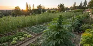 Plants de cannabis dans un jardin potager diversifie au coucher du soleil.