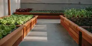 Jardin potager en bacs surélevés en bois avec cultures variées.