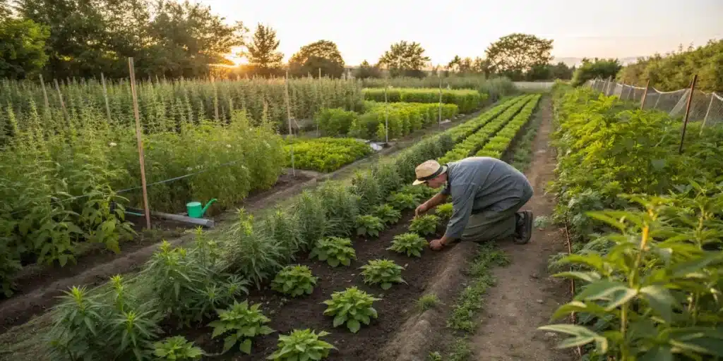 Jardinier s'occupant de cultures variees avec cannabis dans un champ.
