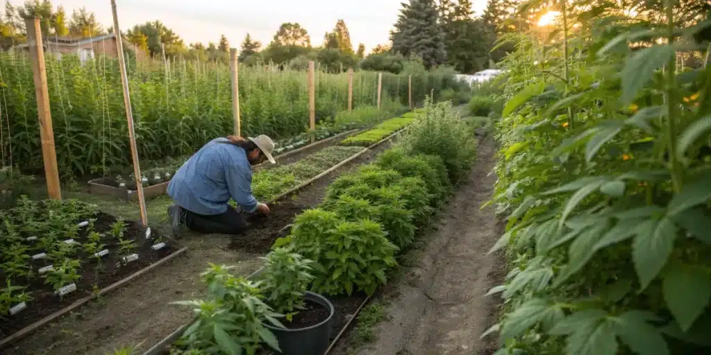 Jardinier travaillant dans un potager avec cannabis et plantes compagnes.