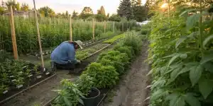 Jardinier travaillant dans un potager avec cannabis et plantes compagnes.
