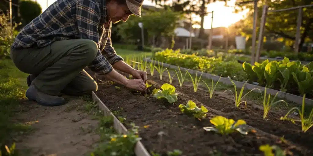 Jardinier plantant de jeunes légumes dans un potager.