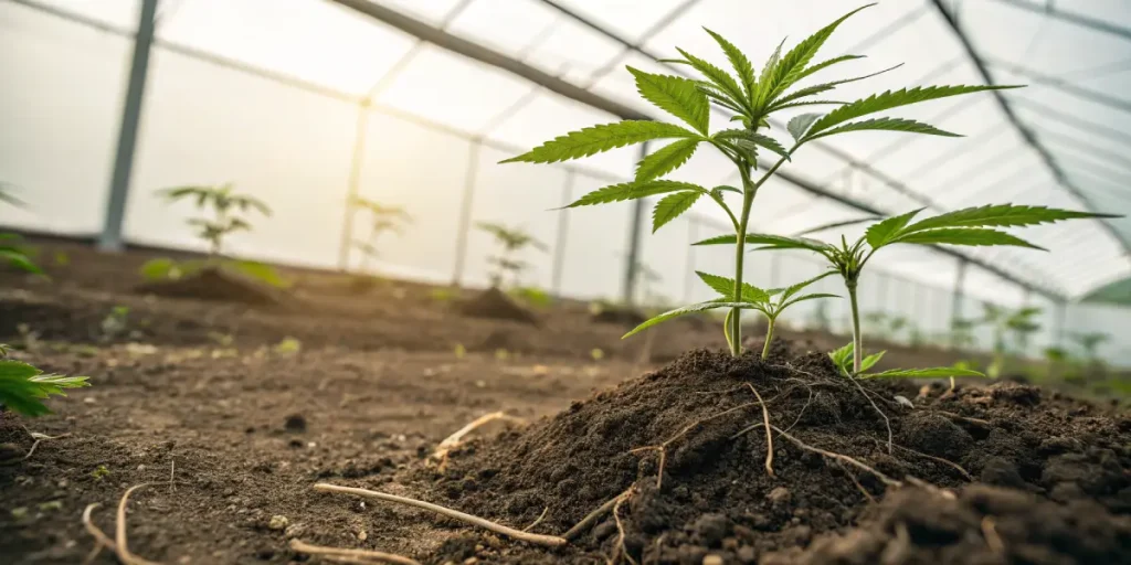 Jeune plant de cannabis avec racines visibles dans une serre.