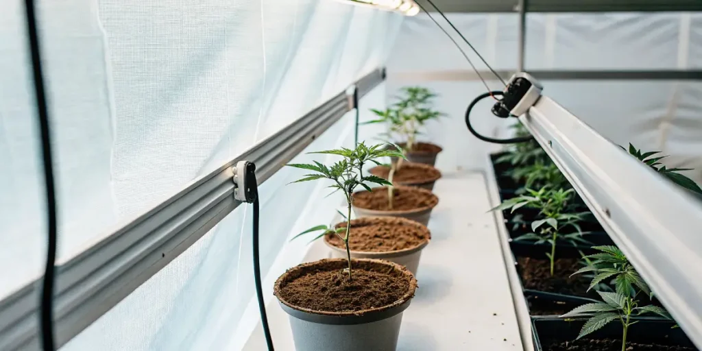 Jeunes plants de cannabis cultivés en pots sous éclairage LED dans une serre intérieure moderne.