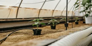 Jeunes plants de cannabis cultivés en serre sur substrat sableux avec système d’irrigation goutte à goutte.