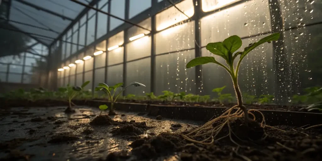 Jeunes plantules cultivées en serre avec racines visibles dans un sol humide.