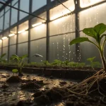 Jeunes plantules cultivées en serre avec racines visibles dans un sol humide.