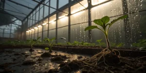 Jeunes plantules cultivées en serre avec racines visibles dans un sol humide.