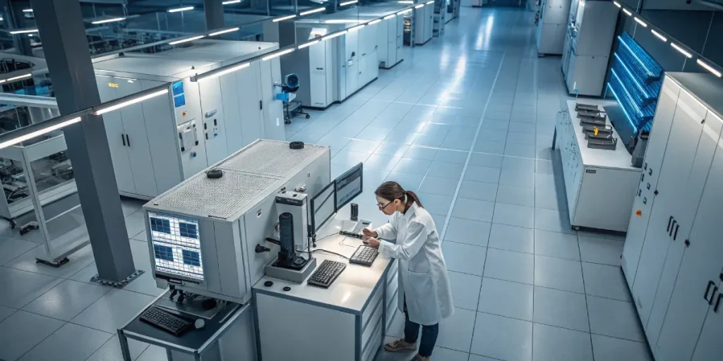 Scientifique travaillant sur des donnees dans un laboratoire technologique moderne.