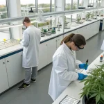 Scientifiques analysant des plants de cannabis dans un laboratoire moderne.