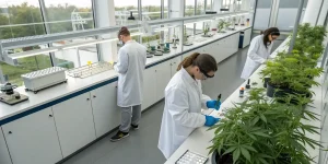 Scientifiques analysant des plants de cannabis dans un laboratoire moderne.