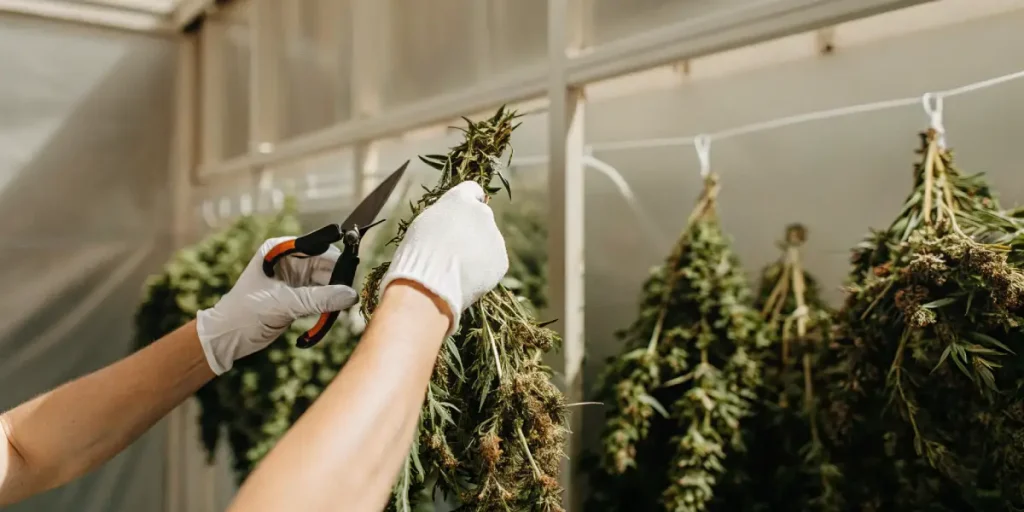 Manucure manuelle de cannabis lors de la récolte avant le séchage