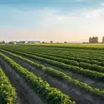 Grand champ agricole avec cultures en rangs reguliers.