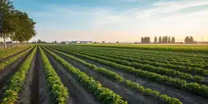 Grand champ agricole avec cultures en rangs reguliers.