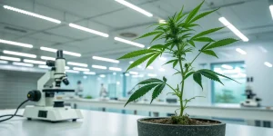 Plant de cannabis en pot dans un laboratoire avec microscope en arriere plan.