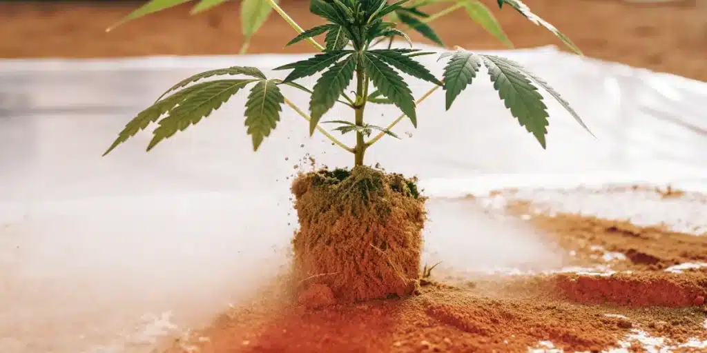 Plant cannabis racines exposees lors transplantation dans sol rouge sec.