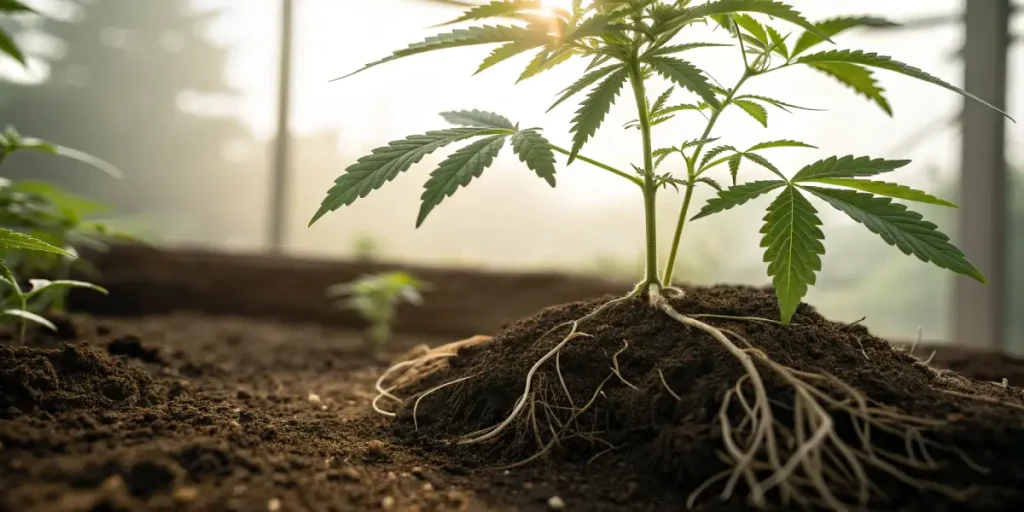 Jeune plant de cannabis avec racines exposees dans un sol humide.