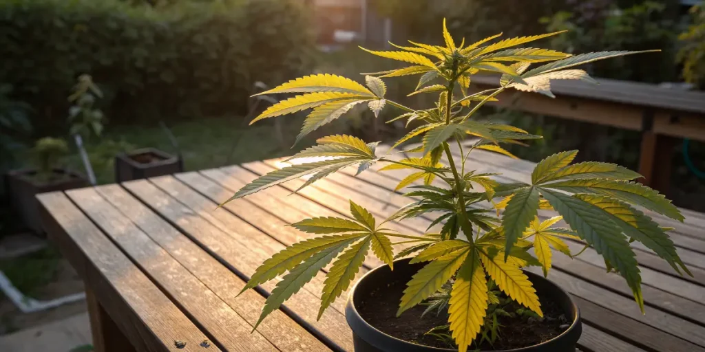 Plante de cannabis en pot avec feuilles jaunies sur une table en exterieur.