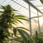 Plante de cannabis en floraison dans une serre au lever du soleil.