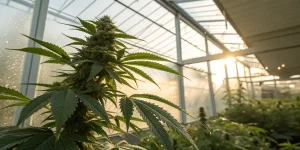 Plante de cannabis en floraison dans une serre au lever du soleil.