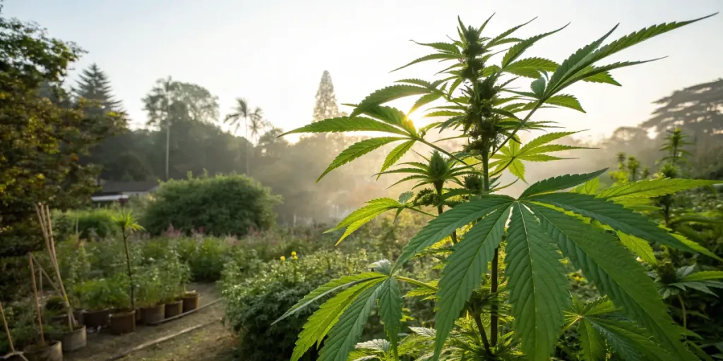 Plante de cannabis cultivée dans un jardin luxuriant au lever du soleil.