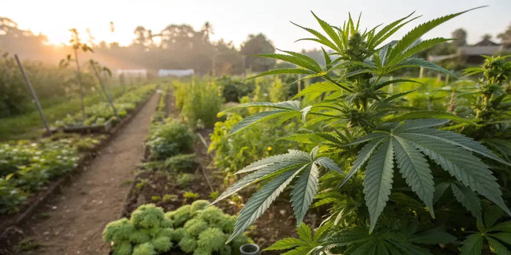 Plante de cannabis poussant dans un potager extérieur ensoleillé.