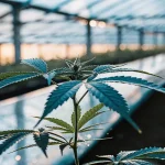 Plante cannabis serre culture professionnelle avec rangees longues et lumiere naturelle.