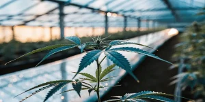 Plante cannabis serre culture professionnelle avec rangees longues et lumiere naturelle.