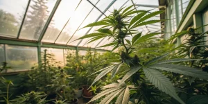 Plante de cannabis cultivée dans une serre en verre avec lumière du soleil.