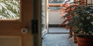 Plantes de cannabis cultivées en pots près d’une porte ouverte avec lumière naturelle.