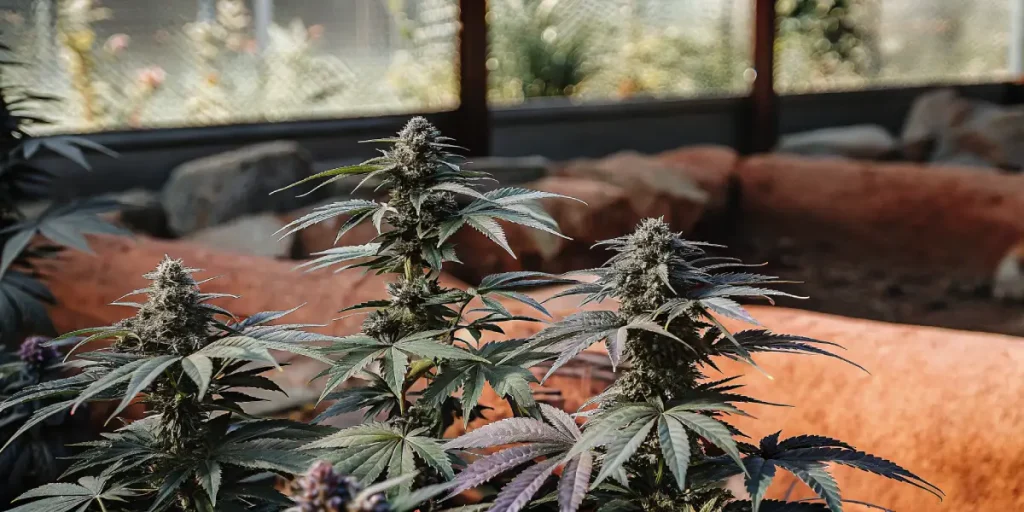 Plantes de cannabis en serre aménagée avec lumière naturelle, présentant des fleurs denses et une croissance homogène.