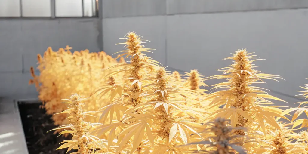 Plantes de cannabis jaunissantes en fin de floraison exposées à une lumière naturelle intense en serre.