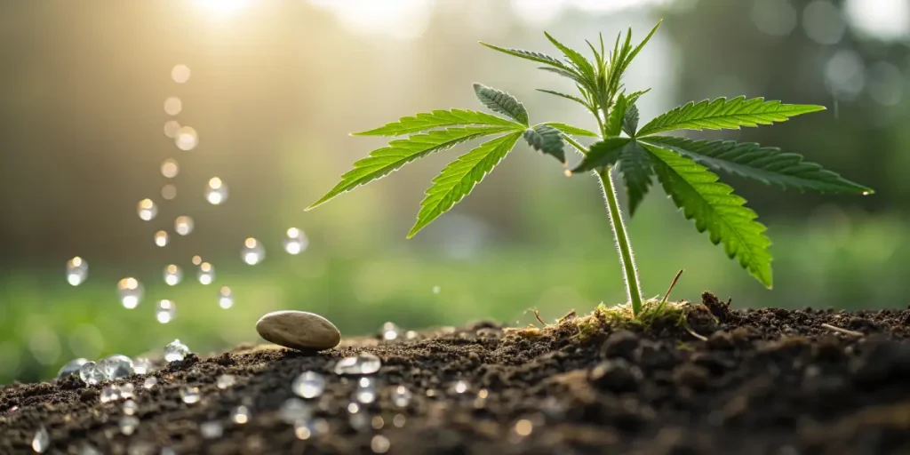 Jeune plant de cannabis en debut de croissance avec graine visible sur le sol.