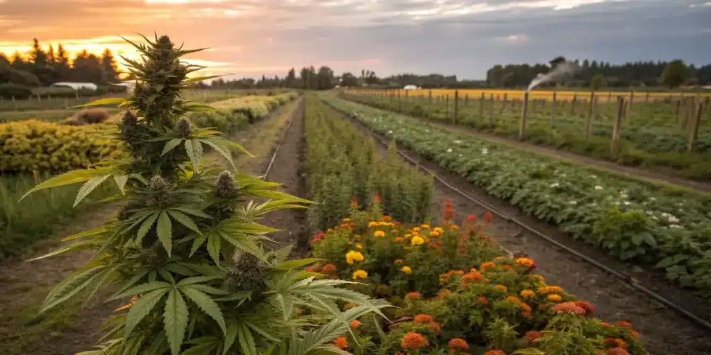 Plante de cannabis cultivée dans un champ en polyculture avec fleurs.