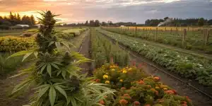 Plante de cannabis cultivée dans un champ en polyculture avec fleurs.