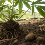 Racines de cannabis dans un sol vivant avec petits champignons.