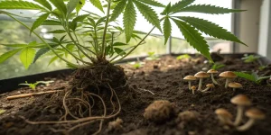 Racines de cannabis dans un sol vivant avec petits champignons.